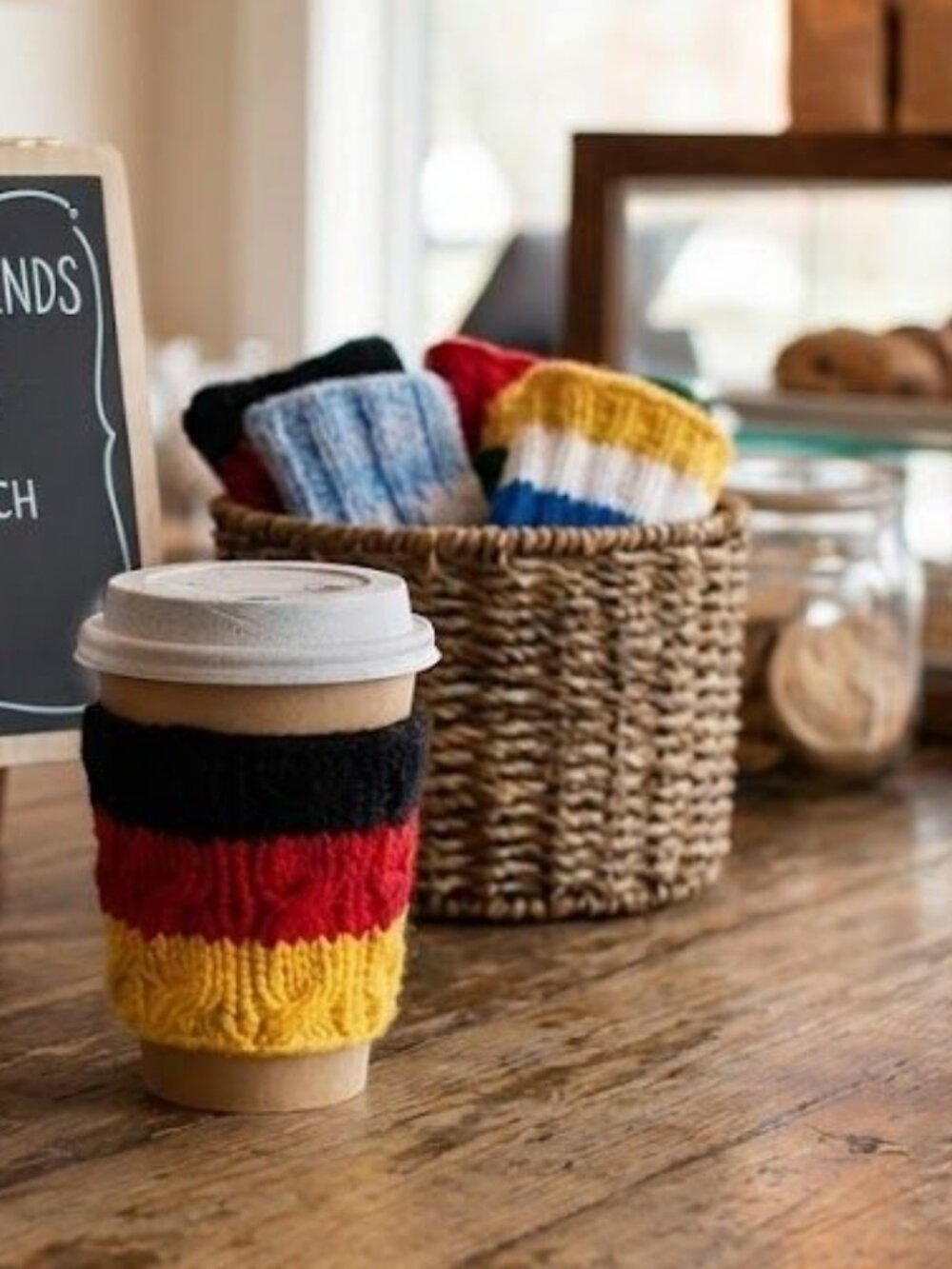 Hand-Knit Cup & Can Cozy – Reusable Coffee Sleeve & Soccer Fan Accessory GERMANY